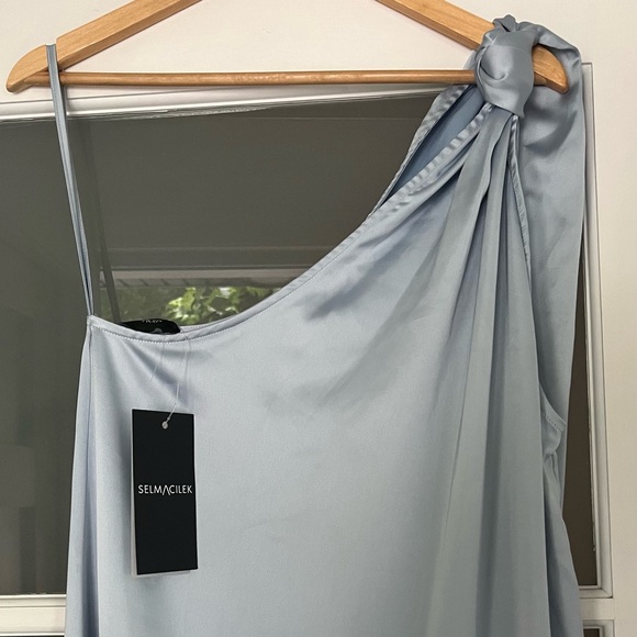 NWT SELMACILEK pale blue one-shoulder satin maxi dress, size medium - Picture 6 of 10